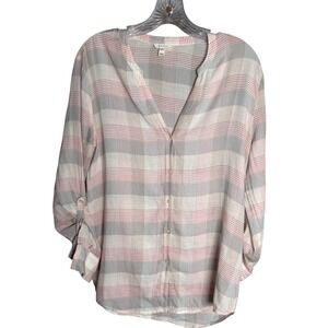 Soft Joie Plaid Cotton Blouse Small Roll Tab Sleeve Lightweight Button Front Top